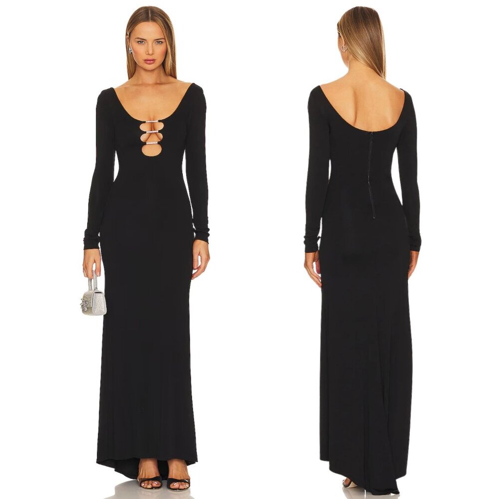 Alice + Olivia Kalena Crystal Cutout Black Jersey Maxi Dress Size 0 - Picture 2 of 10